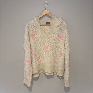 POL ANTHROPOLOGIE Hooded Oversized Cream Colored Sweatshirt with Hearts Medium